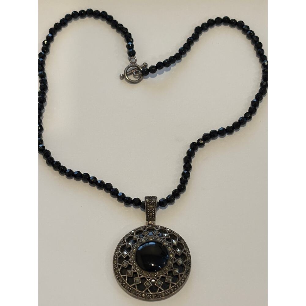 Vintage Sterling Silver Onyx Marcasite Large Pendant Faceted Beads Necklace